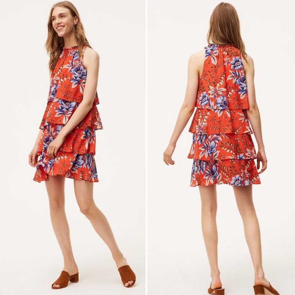LOFT Orange Floral Ruffle Tiered Sleeveless Dress